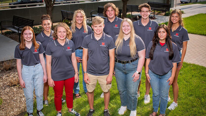 The inaugural cohort of Kiewit Scholars includes (from left) Grace Kerr, Taylor Hosick, Carolyn Fairchild, Nicole Dirks, Wyatt Cassidy, Scott Tvrdy, Hayden Wulf, Matt Feldmann, Felicity Sierra, and Rebeca Young.