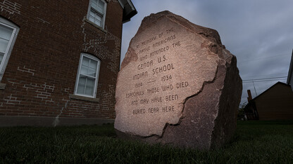 A monument is erected outside the former Genoa Indian Residential School in Genoa, Nebraska.