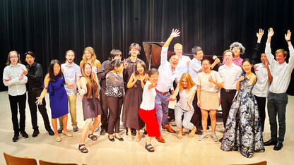 Paul Barnes (center) with students at the 2023 Lied Center Piano Academy. Courtesy photo.