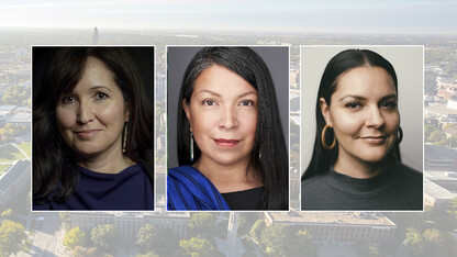 Color photos of Amy Lonetree, Patricia Norby and Julia Lafreniere on a color campus background