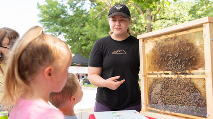 A young woman shows a case of live bees to a boy and girl at an outdoor event.