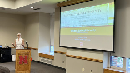 Beth Dotan, research assistant professor, leads a session on using the digital project "Nebraska Stories of Humanity" in high school classrooms.