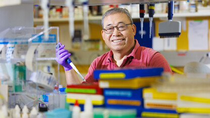 Qingsheng Li, Willa Cather Professor of biological sciences and a member of the Nebraska Center for Virology at the University of Nebraska–Lincoln, appears in his lab.