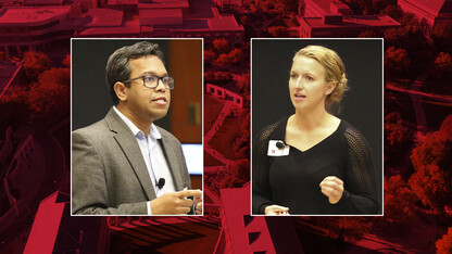 Photos of Nirupam Aich and Becky Haddad on a red campus background.