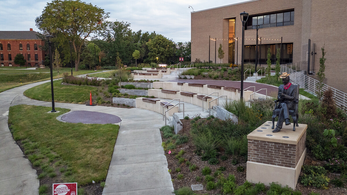 The remodeled Legacy Plaza Amphitheater is seen at sunset near the Nebraska East Union.