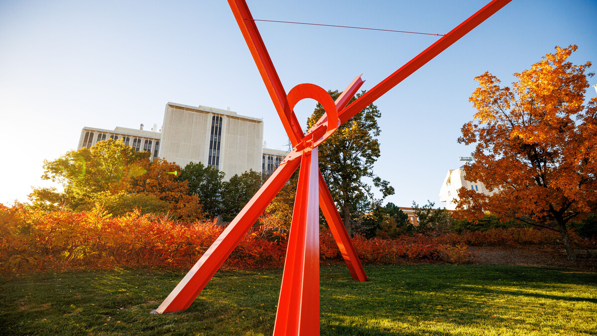 The "Old Glory" sculpture stands east of Hamilton Hall on the University of Nebraska–Lincoln's City Campus.