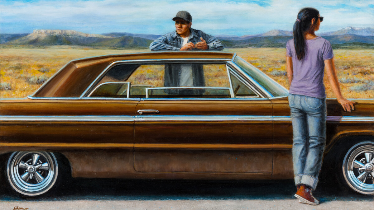 “Drive-In Church” by Steve C. LaRance (Little Shell Tribe of Chippewa Indians) — a 2022 oil painting of a young man and young woman standing on either side of a brown car with a prairie and mountains in the background.