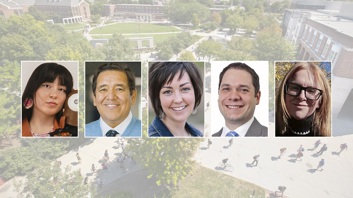 Color portraits of (from left) Danielle Boyer, J.S. Onésimo Sándoval, Shaylyn Romney Garrett, Neil Linscheid and Carol Graham on a color campus background. (Courtesy photos)