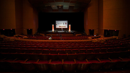 Chancellor Ronnie Green delivers the 2021 State of Our University address in a nearly-empty Lied Center for Performing Arts on Feb. 15, 2021. Normally attended by hundreds of students, faculty and staff, the 2021 address was only offered via a livestream due to the COVID-19 pandemic.