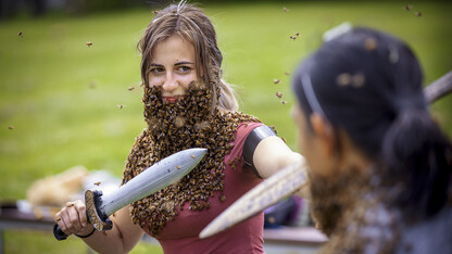 Students Courtney Wallner and Earl Agpawa face off wearing bee beards and brandishing fake swords in a mock battle as part of Judy Wu-Smart's UNL Bee Lab celebration on May 11.