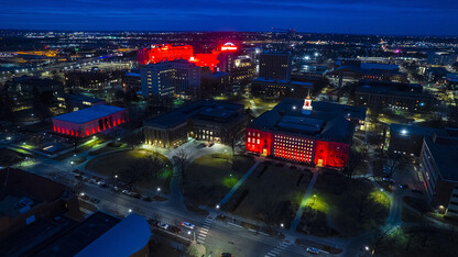 Aerial view of City Campus during the 2022 Glow Big Red event, celebrating the 153rd anniversary of the university's charter.