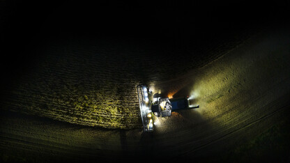 A combine harvests soybeans in a field northeast of Adams, Nebraska. October 3, 2022