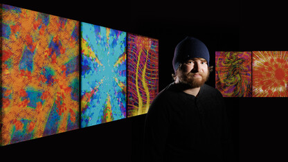 Sage Reiger, a videographer/editor with Nebraska Public Media, has synesthesia and his brain processes music as colors. He has produced artwork based on music. Song represented are (from left) Bob Dylan’s “Stuck Inside of Mobile with the Memphis Blues Again,” Denzel Curry’s “Melt Session #1,” Porter Robinson’s “Musician,” Phil Collins’ “In the Air Tonight,” and Injury Reserve’s “Superman That.” 