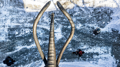 Aerial photo of three students crossing beneath the extended tusks and trunk of the Archie the mammoth sculpture as they walk on the snowy sidewalk outside of Morrill Hall on Feb. 17.