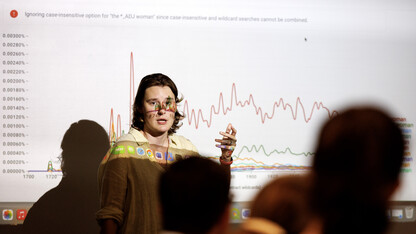 Gabi Kirilloff, a UNL PhD alumni and now an assistant professor of Englishat Washingon University in St. Louis, leads a workshop session on digitally examining patterns in literature.