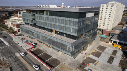 Aerial photo of the exterior of Kiewit Hall. Photo shows the glass facade of the new engineering building.