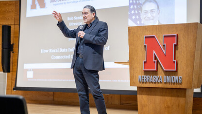 Robert Santos, director of the U.S. Census Bureau, delivers a lecture in the Swanson Auditorium of Nebraska Union.