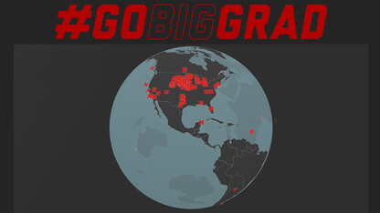 Image of the Go Big Grad globe, which features "N" pins with messages from grads, family members and friends. Learn more at https://commencement.unl.edu/#gobiggrad.