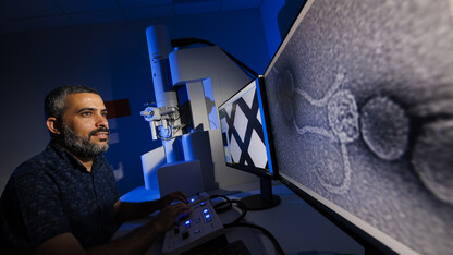 ara Altartouri, a post-doc research associate in the Center for Biotchnology, looks over an image of a bacteriophage, viruses that infect and replicate only in bacterial cells, imaged at 100,000X magnification from the center’s Hitachi HT7800 transmission electron microscope. The Morrison Microscopy Core Research Facility.