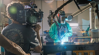 The production team records a welding sequence at Nebraska Innovation Campus' Innovation Studio as part of the university's new "Home Again" national advertisement. The spot premiered on ESPN2 during Husker volleyball's Aug. 27 season opener with Kentucky.