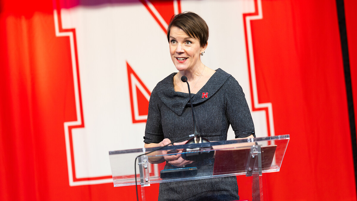 Valerie Jones, interim associate dean for research and faculty affairs in the College of Journalism and Mass Communications, shares the college's "why" during the University of Nebraska–Lincoln's Charter Day celebration.