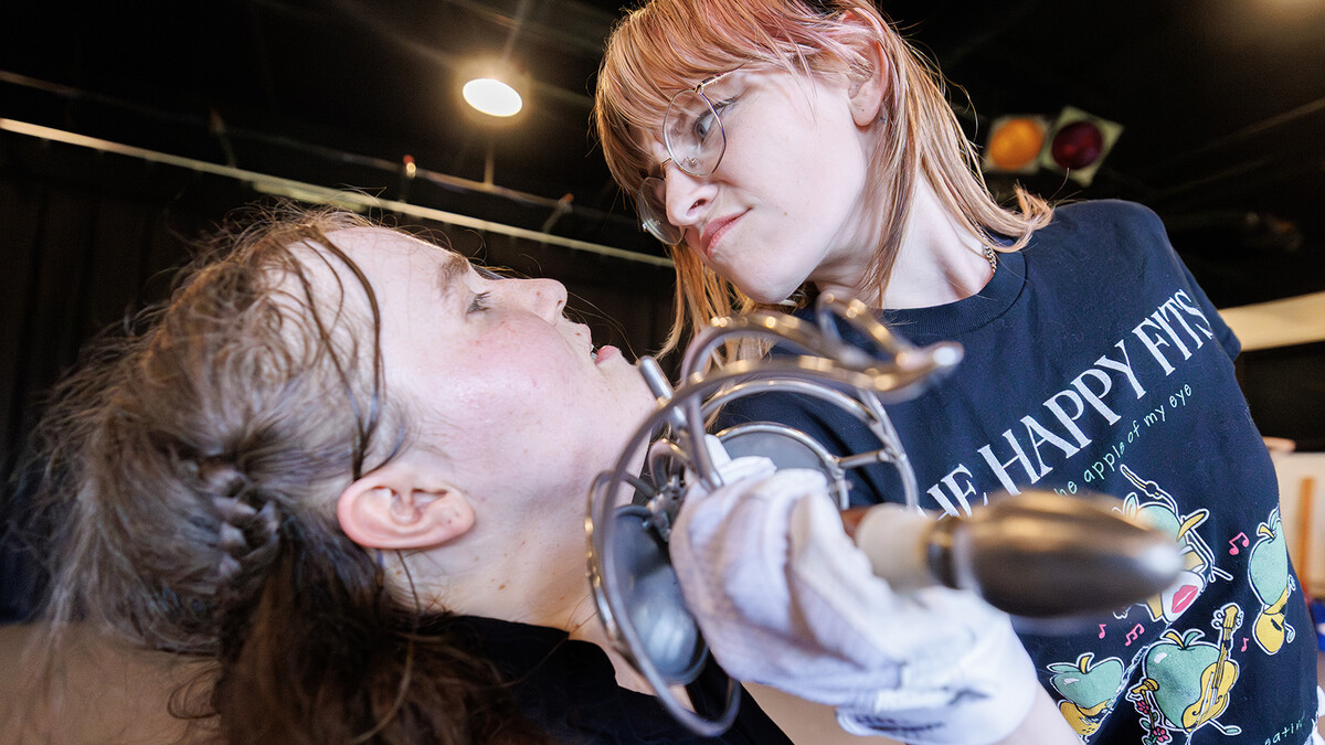 Student actors cross swords and go face-to-face as part of a stage combat course offered through the Hixson-Lied College of Fine and Performing Arts' Johnny Carson School of Theatre and Film.