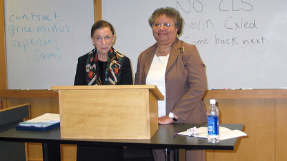 Anna W. Shavers (right) stands with U.S. Supreme Court Justice Ruth Bader Ginsburg in a College of Law classroom on April 7, 2006. Ginsburg delivered a Hruska Lecture and talked with law and journalism students.