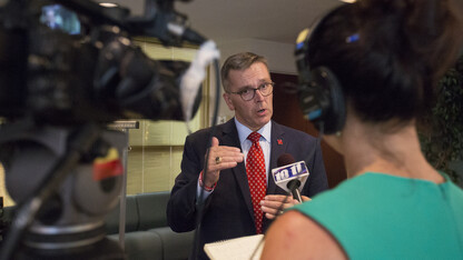 Chancellor Ronnie Green talks to local media following his Sept. 22 State of the University address.