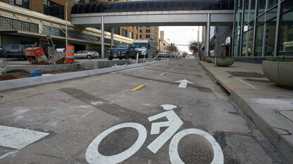The N Street cycle track along N Street in downtown Lincoln features a dedicated two-lane bike path separate from traffic and pedestrians. The new route opens the week of Dec. 21.