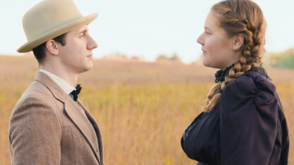 Sebastian Sorensen (left) as Carl Linstrum and Sarah Wibben as Alexandra Bergson in Tyler Goodrich White’s “O Pioneers!” Photo courtesy of the Glenn Korff School of Music. 