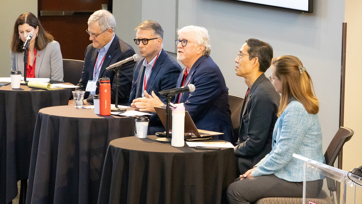 Jennifer Mize Nelson (from left), vice chancellor for research and innovation, moderates a panel discussion that included, Alan Dostal, associate director of research at Nebraska Public Power District; Dan Hoffman, chief executive officer of Invest Nebraska; Jeff Raikes, co-founder of the Raikes Foundation; Kei Koizumi, a science and technology adviser to the Obama and Biden administrations; and Kim Morrow, chief sustainability officer for the city of Lincoln.