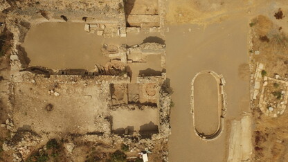A drone view of the bath complex with a cluster of Late Roman pottery kilns visible.