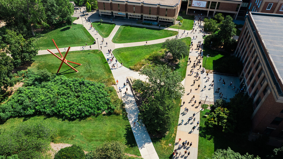 Aerial photo of campus with students walking on sidewalks.