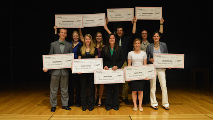 Students pose with their awards from the School of Natural Resources' 2014 Elevator Speech Contest. The school will host the event again on March 5.