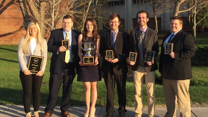 The Husker debate team that placed fifth at nationals included (from left) Britnee Hart, Jackson Slechta, Ashley Holland, Zach Hadenfeldt, Colten White and Jackson Slechta.