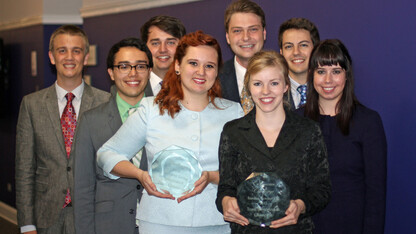 Members of the UNL Speech and Debate team, which earned its third-straight Big Ten Conference title, include (from left) Reece Ristau, Daniel Wheaton, Josiah BeDunnah, Amanda Stoffel, Roger Allen, Grace Solem-Pfeifer, Josh Planos and Grace Kluck.