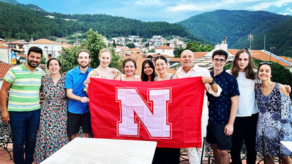 Left to right: Andreas Xenopoulos (D.M.A. 2014), Dimitra Kokkinopoulou (D.M.A. 2017), Nathaniel Brown, Rebekah Stiles, Savannah Royston, Clara Kendrick, Eva Nikolaidou, Paul Barnes, Shelton Siegel, Ben DeLong and Florencia Zuloaga in Greece. 