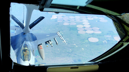 An South Dakota National Guard F-16 refuels at 35,000 feet over the Cornhusker State during the May 24 civic leader flight led by Nebraska's 155th Air Refueling Wing.