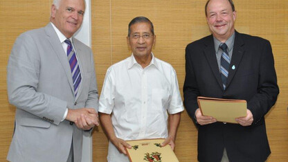 (From left) Thomas Farrell, senior adviser to UNL chancellor Harvey Perlman; Bhau Jain, chairman of Jain Irrigation Systems; and Christopher Neale, director of research, Water for Food Institute.