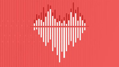 Love Data Week graphic, line graph in the shape of a white heart on a red background