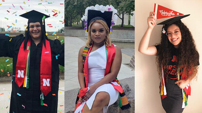 Nebraska College Preparatory Academy members (from left) Brisly Carrera, Gaye Gwion and Guadalupe Esquivel are pictured celebrating their May 2020 graduation from the University of Nebraska–Lincoln. The NCPA is on track to graduate 90% of its class of 2016 members, a new record for the program.