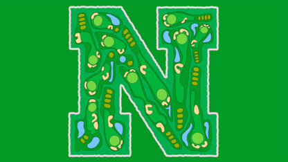 A golf course map is imposed on the Nebraska 'N'