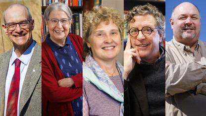 Huskers earning 2022 NU system awards are (from left) Robert Brooke, Judy Diamond, Vanessa Gorman, Jordan Stump and Mark Svoboda.