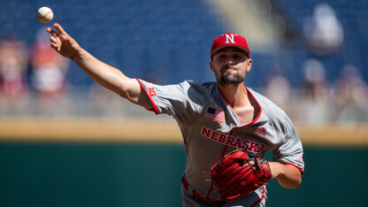 Nebraska starting pitcher Robbie Palkert delivers to home during the 2019 Big Ten Conference tourney in Omaha. The Huskers open NCAA tournament play this weekend in Oklahoma City.