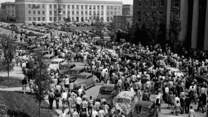 Students participate in the parking riot of 1948. The riot started due to a lack of on-campus parking spaces. The riot started after student veterans, recently returned from World War II, confronted police who were ticketing cars that were double parked on streets. The police responded with tear gas. The students ended up marching around campus before parading down O Street in their cars.