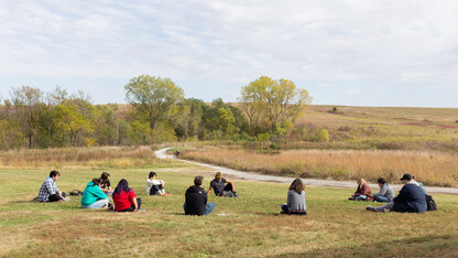 Students in Assistant Professor of Emerging Media Arts Jesse Reding Fleming’s Innovation Studio course Emergent Strategies for Regenerative Futures visited Audubon Spring Creek Prairie in October to help them contemplate nature. Photo by Eddy Aldana.