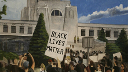 Alyssa Kobza, “Protest at the Capitol,” Gouache on panel, 27”x16”x2”, 2020.