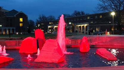 During the evening on May 3, 2024, Broyhill Fountain in the Nebraska Union Memorial Plaza will be illuminated red after the annual Red Memorial.