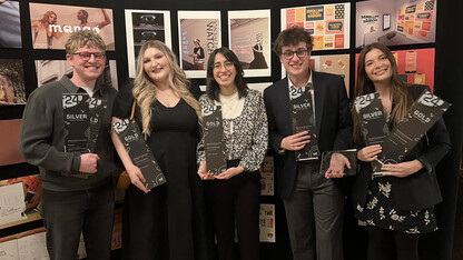 School of Art, Art History & Design ADDY winners (left to right):  Keegan Towey, Shaydan Bayless, Fatima Al-Jayashi, Joe Warren and Ava Schicke.