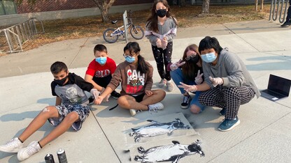 Students at Park Middle School created spray chalk animals such as this penguin from stencils as part of the “Stay Wild” community arts project, led by Associate Professor of Art Sandra Williams.